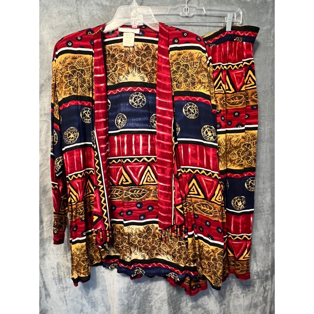 Vintage Rayon Tribal Print Beaded Pant Set Boho Artsy Culotte Outfit M Read